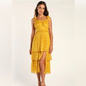 NWT LULUS Celebration Chic Yellow Polka Dot Tie-Strap Tiered Maxi Dress